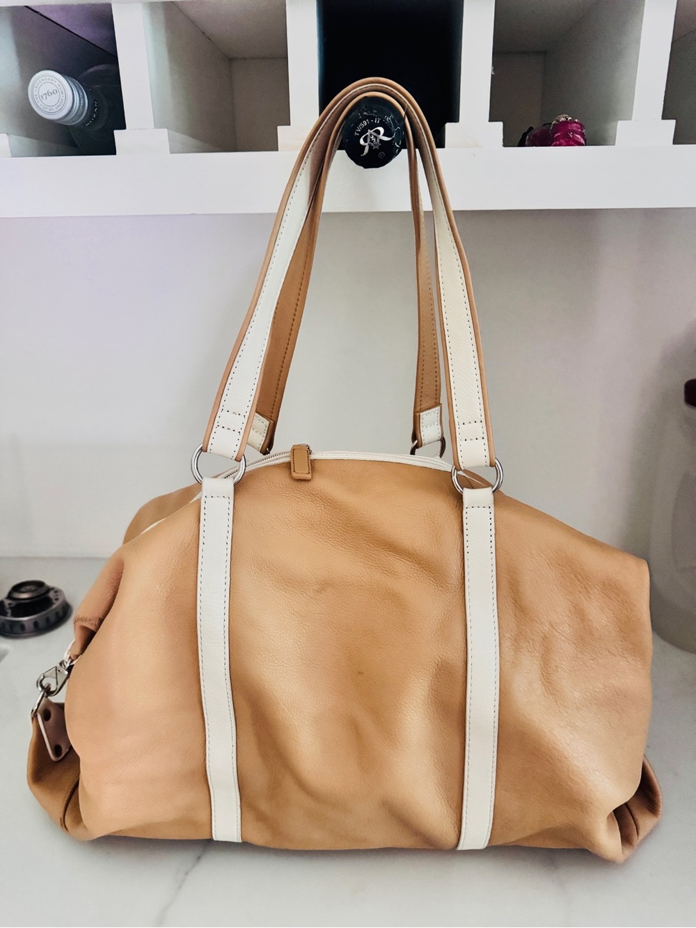Levenger Large Tan and White Leather Weekender Oversized Tote Bag